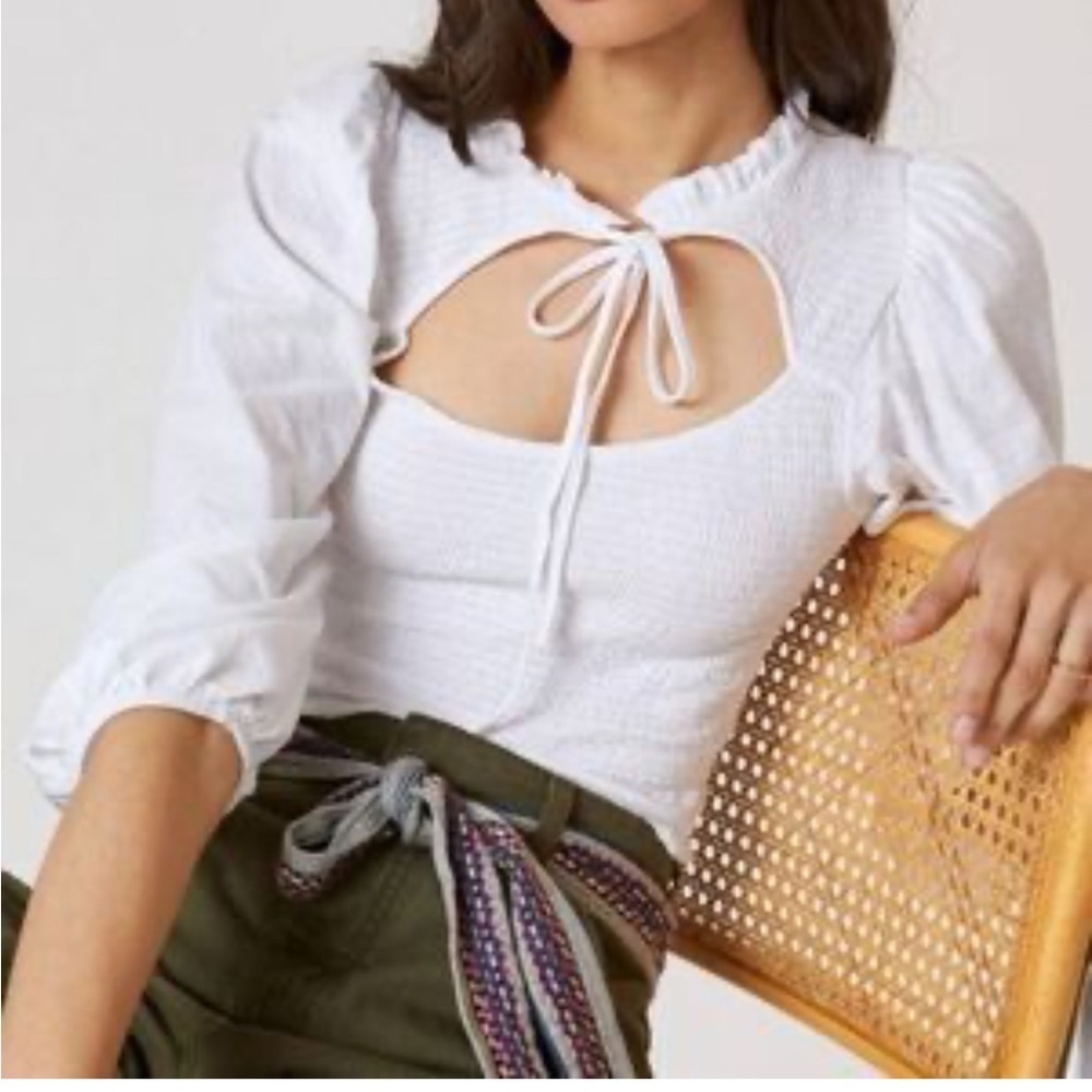 Nation LTD White Smocked Peasant Blouse Cottagecore Boho Puff Sleeve Top S